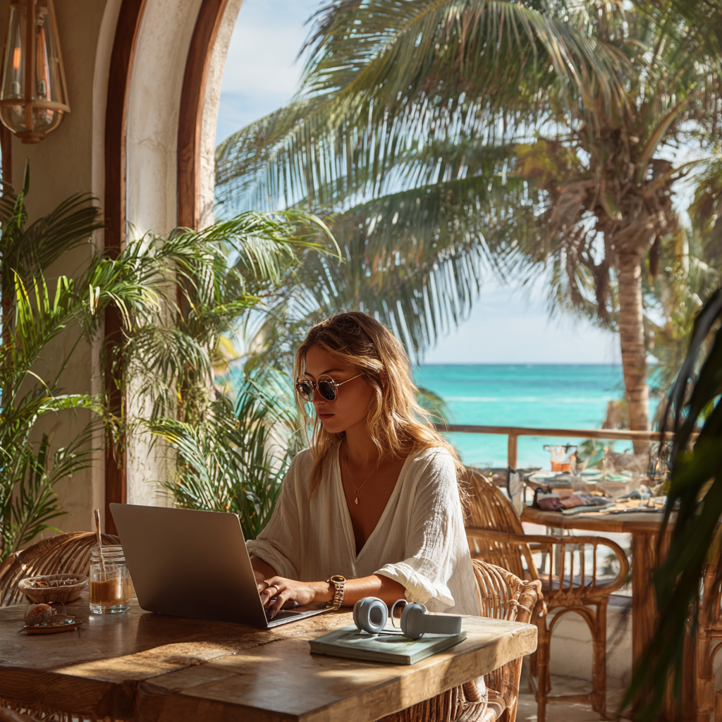 An Auriga customer banking from a beachfront café while travelling